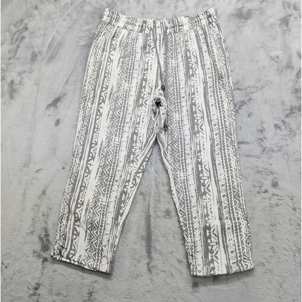 Style Me Pants‎ Womens PL PETITE White Gray Striped Geometric Linen Blend Crop